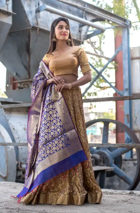 GOLDEN BEIGE LEHENGA WITH NAVY BLUE BANARASI DUPATTA
